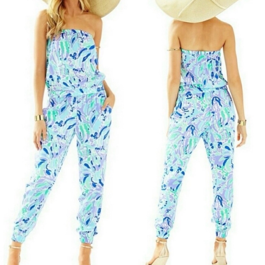 Lilly Pulitzer Emiko Strapless Jumpsuit In Lilly's Lilac Nice Ink Small
